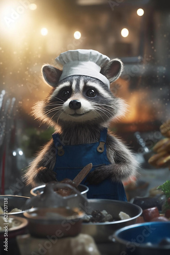 Hilarious Raccoon as Master Chef, Creating Culinary Magic in Kitchen - AI generated © artefacti