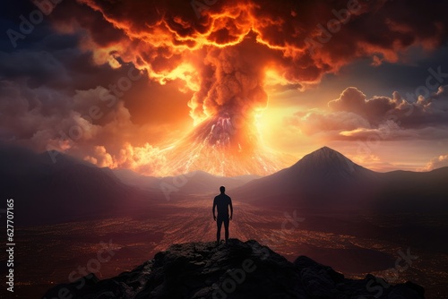 Silhouette of human standing in front of active vulcano with smoke, nature.