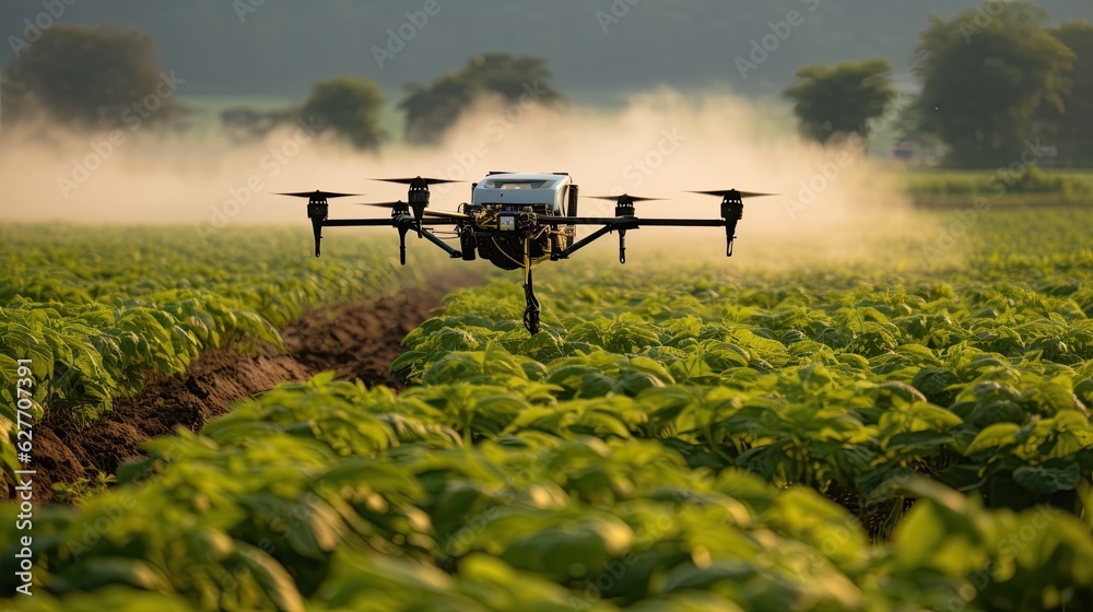 Agriculture drones fly to monitor farmland. innovation on Industrial agriculture and smart farming