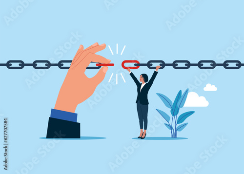 Woman and chain. Connect chains together. Supply problems. Concept business vector illustration.
