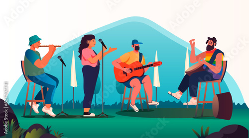 group of street musicians playing music instruments outdoor entertainment band of singers in park