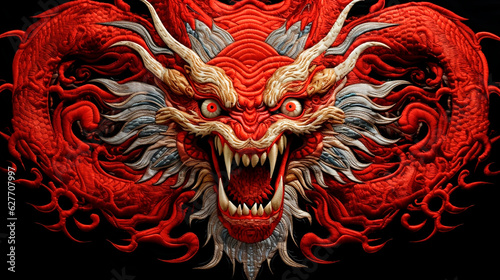 Dragon traditional handmade embroidery stitched texture. Red golden threads fashion decoration Chinese ethnic beast vintage 2024 zodiac symbol illustration