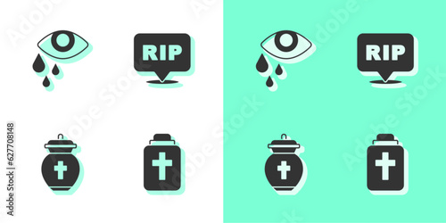 Set Funeral urn, Tear cry eye, and Speech bubble rip death icon. Vector