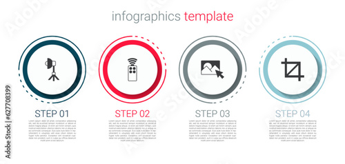 Set Softbox light, Remote control for camera, Photo retouching and Picture crop photo. Business infographic template. Vector