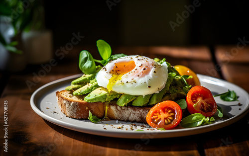 poached egg dish on a plate with tomatoes soft egg photo