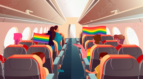 passengers with lgbt rainbow flags sitting in airplane pride festival transgender love generation Z concept