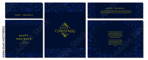 Monochromatic Merry Christmas Greeting Cards  social media story  and Poster on Navy Blue gradient background and soft white Christmas elements. Elegant Christmas Template designs. Vector Art.
