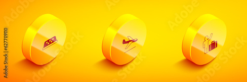 Set Isometric Taxi car roof, Plane landing and Tourist with suitcase icon. Vector