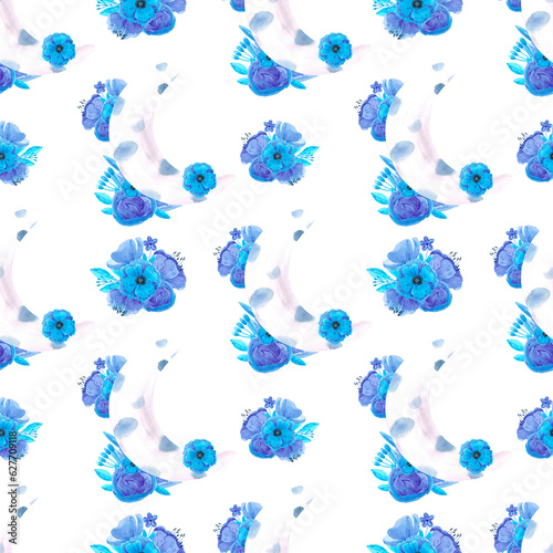 Hand drawn watercolor blue flowers and leaves with a moon seamless pattern. Isolated on white. Can be used for textile  patterns  fabric  gift-wrapping.