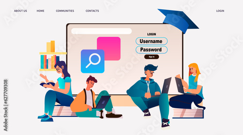 students using laptop and reading book e-learning online education concept horizontal