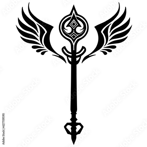 Viking key symbol with wings, vector art, isolated on white background, vector illustration.