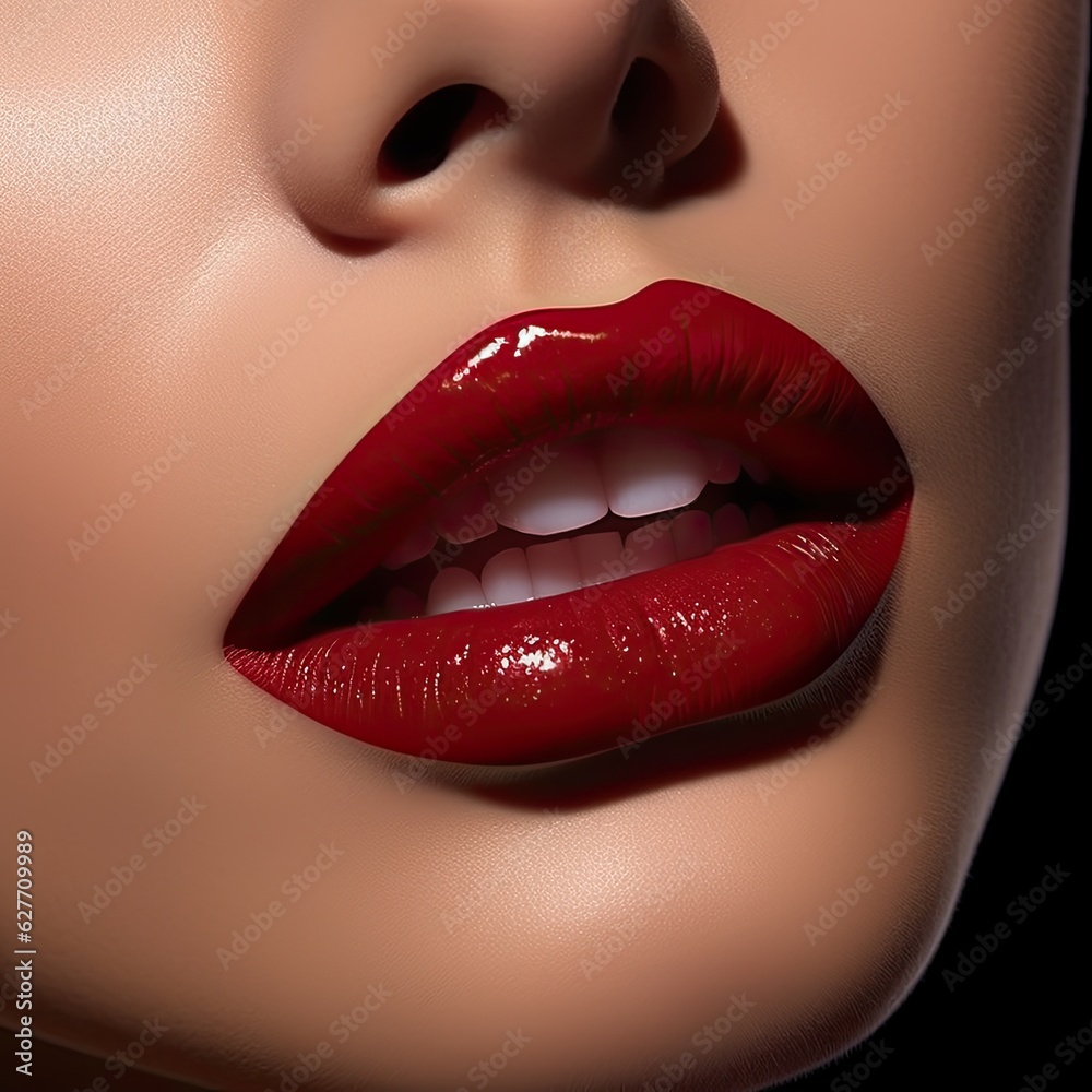 Obraz premium Close up of a woman's mouth wearing red lipstick