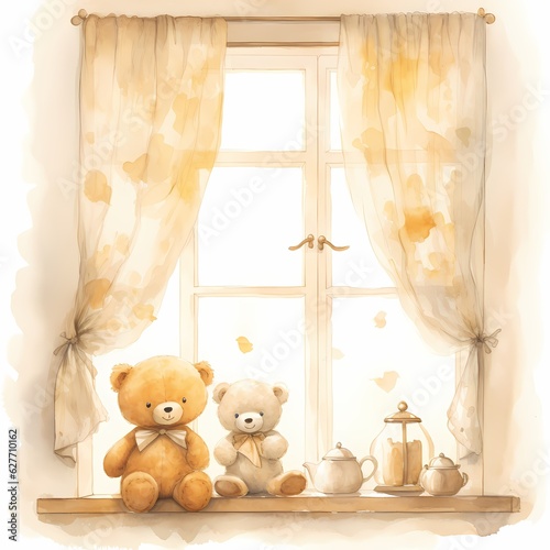 a watercolor picture of a space with stuffed animals © Cubydesign