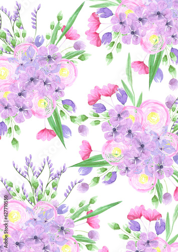 Fototapeta Naklejka Na Ścianę i Meble -  Hand drawn watercolor pink and lavender abstract flowers card. Isolated on white background. Scrapbook, post card, banner, lable, poster.