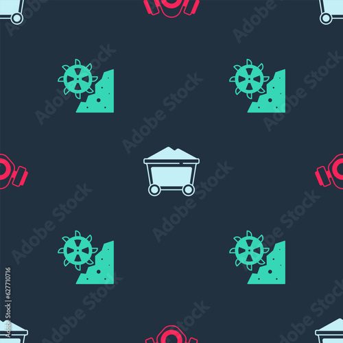 Set Gas mask, Mine coal trolley and Bucket wheel excavator on seamless pattern. Vector