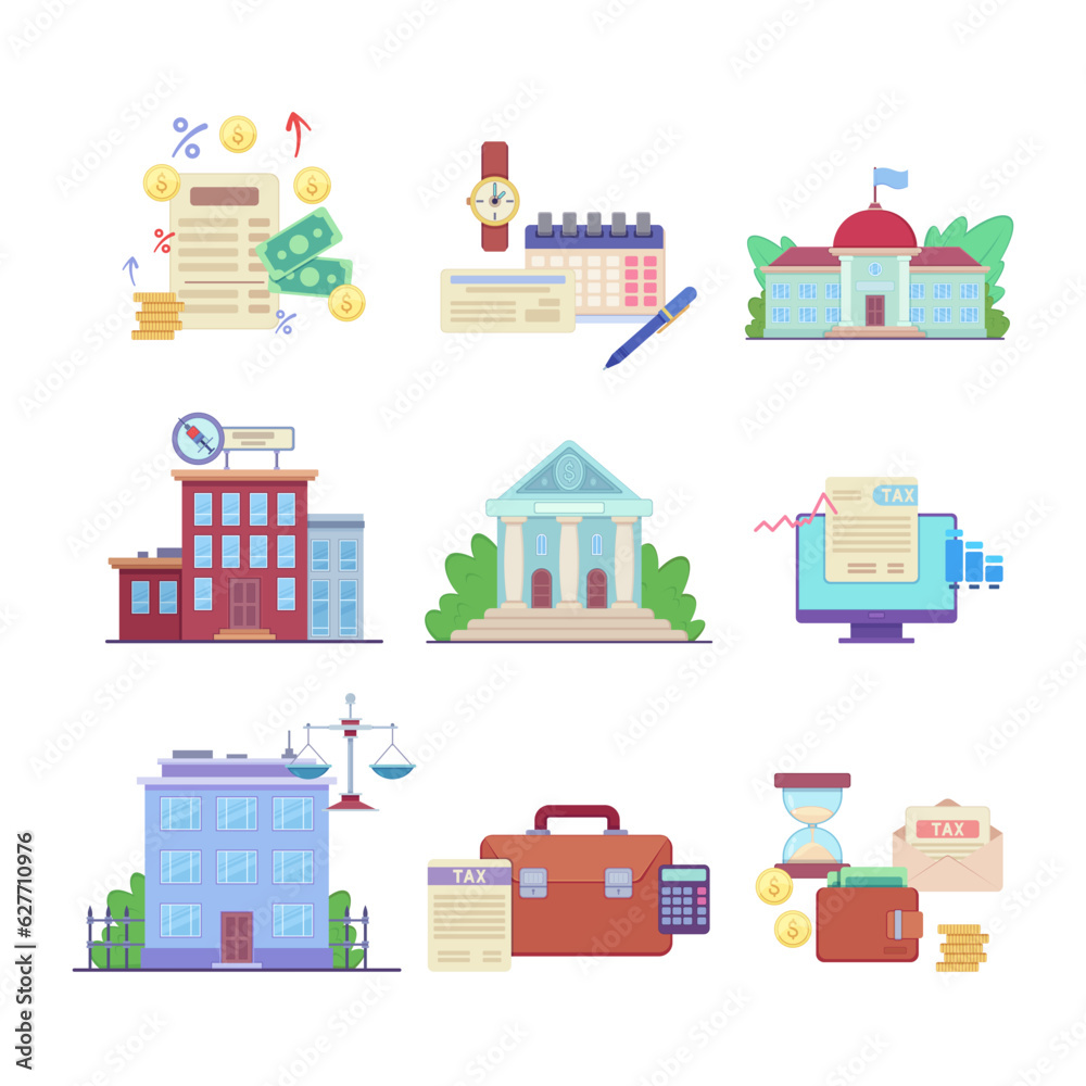 Money and public sector institutions vector illustrations set. Collection of drawings of bank, hospital, school, government building, taxes. Public services, taxation, city life, management concept