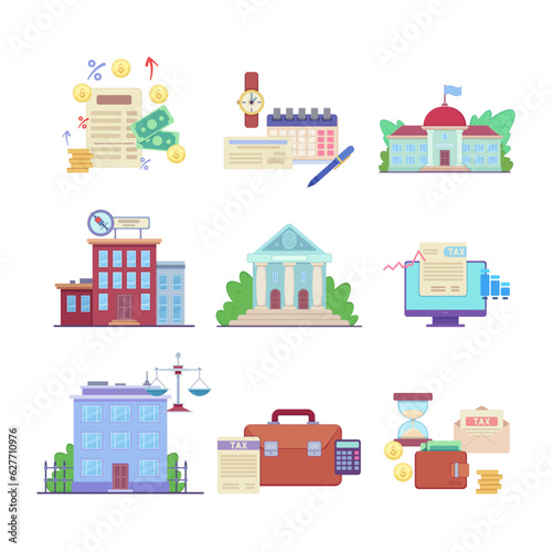 Money and public sector institutions vector illustrations set. Collection of drawings of bank, hospital, school, government building, taxes. Public services, taxation, city life, management concept