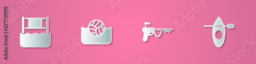 Set paper cut Water volleyball net, polo, Fishing harpoon and Kayak and paddle icon. Paper art style. Vector