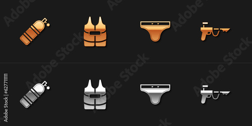 Set Aqualung, Life jacket, Swimming trunks and Fishing harpoon icon. Vector