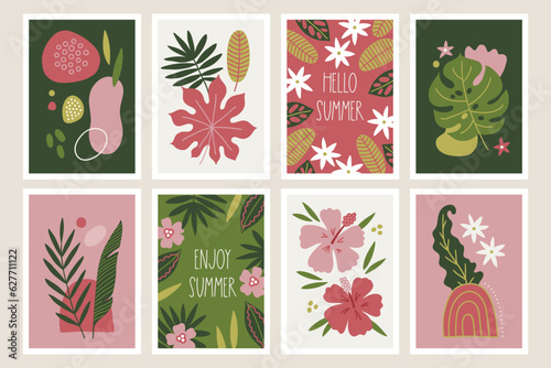 Tropical greeting cards with hibiscus, flowers, palm and monstera leaves © miumi