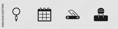 Set Magnifying glass, Calendar, Swiss army knife and Barbecue grill icon. Vector