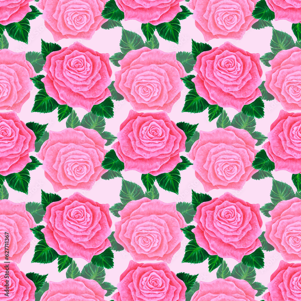 Hand drawn watercolor pink rose seamless pattern isolated on pink background. Can be used for textile, gift-wrapping, fabric and other printed products.