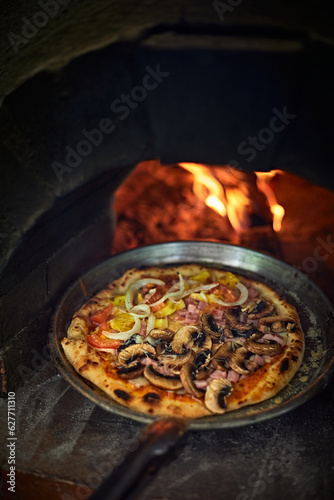 Pizza in a bread wood fired oven