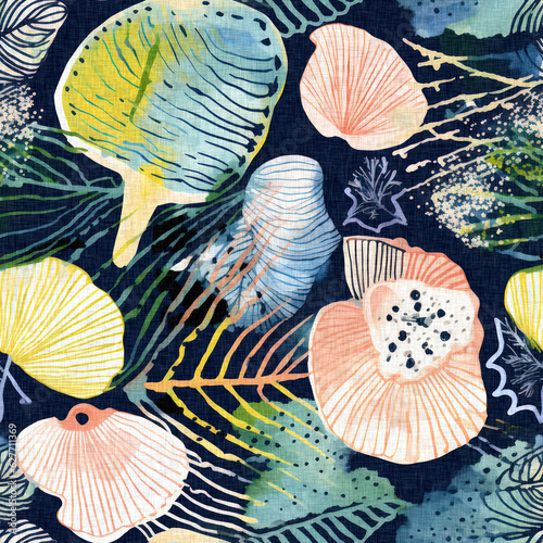  Seamless trendy underwater shell clam repeat background. Tropical modern seashell coastal pattern clash fabric coral reef print for summer beach textile designs with a linen cotton effect.