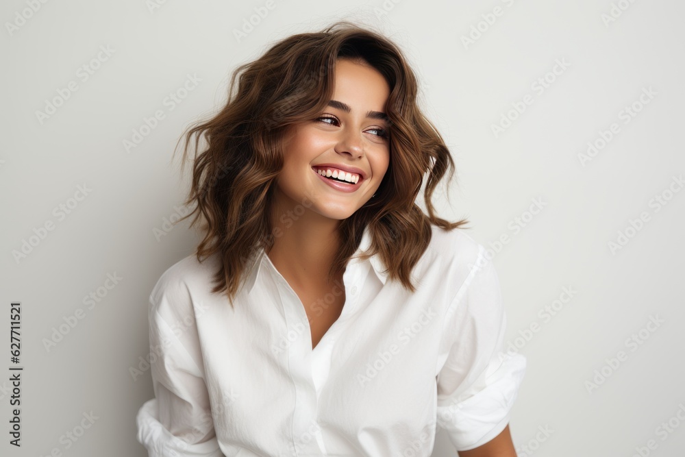 joy of a happy, stylish young woman laughing and smiling in a stylish t-shirt. Isolated on white background advertisements and positive content.Generative ai joy of a happy, stylish young woman laughing and smiling in a stylish t-shirt. Isolated on white background advertisements and positive content.Generative ai