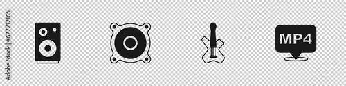 Set Stereo speaker, Electric bass guitar and MP4 file document icon. Vector