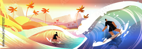 man woman in swimwear riding surf boards by sea or ocean waves surfing sport summer activity concept