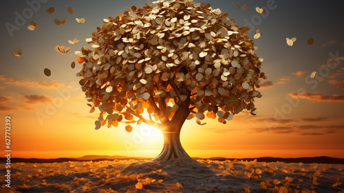 A majestic tree laden with gold and silver coins stands against a dramatic sunset offering a perfect metaphor for wealth and growth