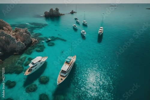 Aerial view of luxury yachts in turquoise water