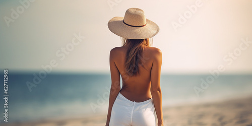 Beautiful young woman on a sandy tropical sea beach, view from the back. Generative AI