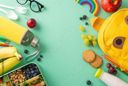 Get ready for school with this wholesome meal: Top view of a lunchbox filled with nutritious treats, water bottle, yogurt, cutlery, stationery, yogurt, all on cheerful teal setting with room for text