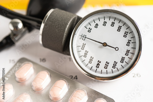 Blood pressure with drug pills on electrocardiogram ECG.