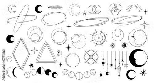 Mystical sacred geometric abstract shapes, crescent, moon phases and stars black silhouttes, magic unreal design elements set, line hand drawn isolated clip art vector bundle