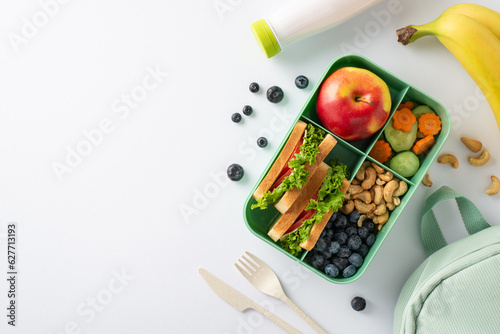 Wholesome lunchtime scene from a top-down perspective, showcasing a lunchbox with delightful sandwiches, veggies, fruits and berries on a white isolated background with space for text or promotion photo