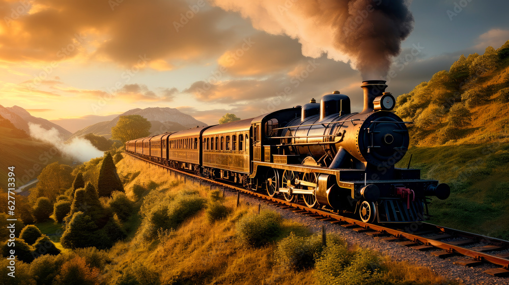 An old steam locomotive with smoke from the chimney pulls the train behind it