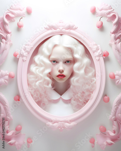 Framed albino girl aesthetic portrait on a white wall, background with pink decorations. The beauty of diversity idea. 