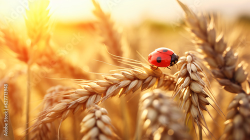 Leinwand Poster Golden ripe ears of wheat and ladybug