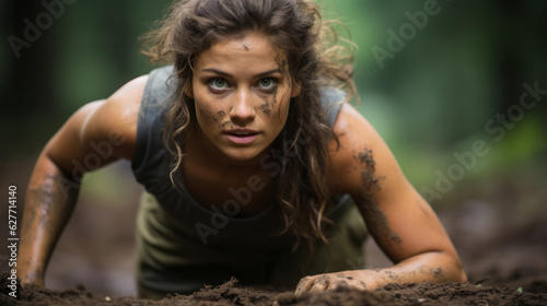 Young woman crawling on the ground , front face view