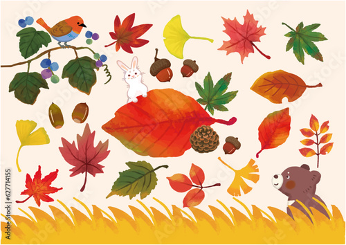 手描きの絵本のような秋の実りイラストセット（背景あり）