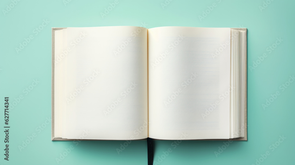 Open book, blank page, top down view, flat background Open book, blank page, top down view, flat background