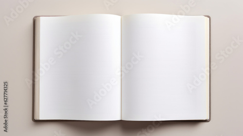 Open book, blank page, top down view, flat background