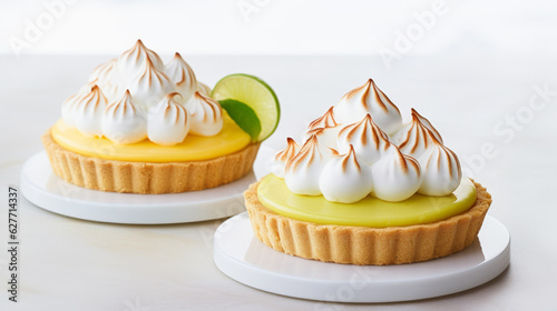 Key lime pie and lemon meringue tart on a pure white surface