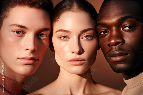Men and woman with different faces, in the style of pop colorism, split toning, multicultural, close-up, poster, light black and brown, natural beauty.