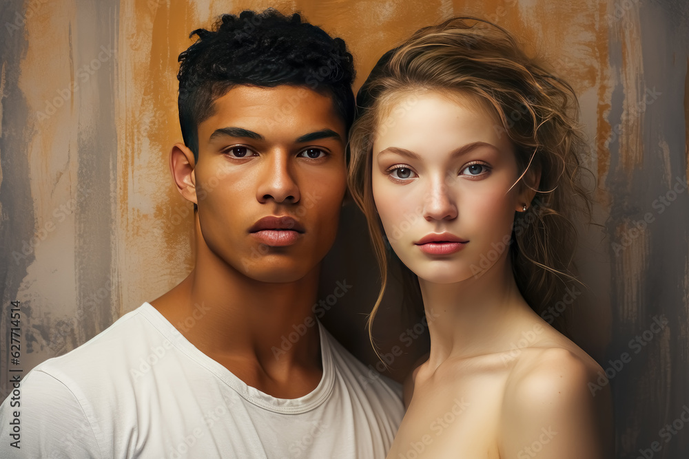 Portrait of multiracial couple, in the style of ad posters. Portrait of multiracial couple, in the style of ad posters.