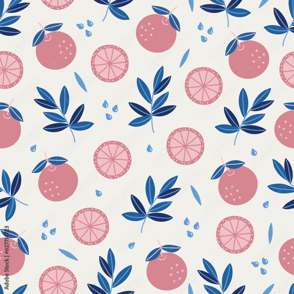 Summer seamless pattern with oranges, leaves, branches on white background Summer seamless pattern with oranges, leaves, branches on white background