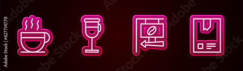 Set line Coffee cup  Irish coffee  Street signboard and Bag beans. Glowing neon icon. Vector